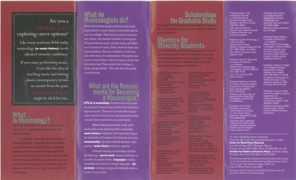 A red and purple brochure filled with text explaining what musicology is, what the requirements are for degree programs, and listing the addresses of individuals who volunteered to mentor minority students.