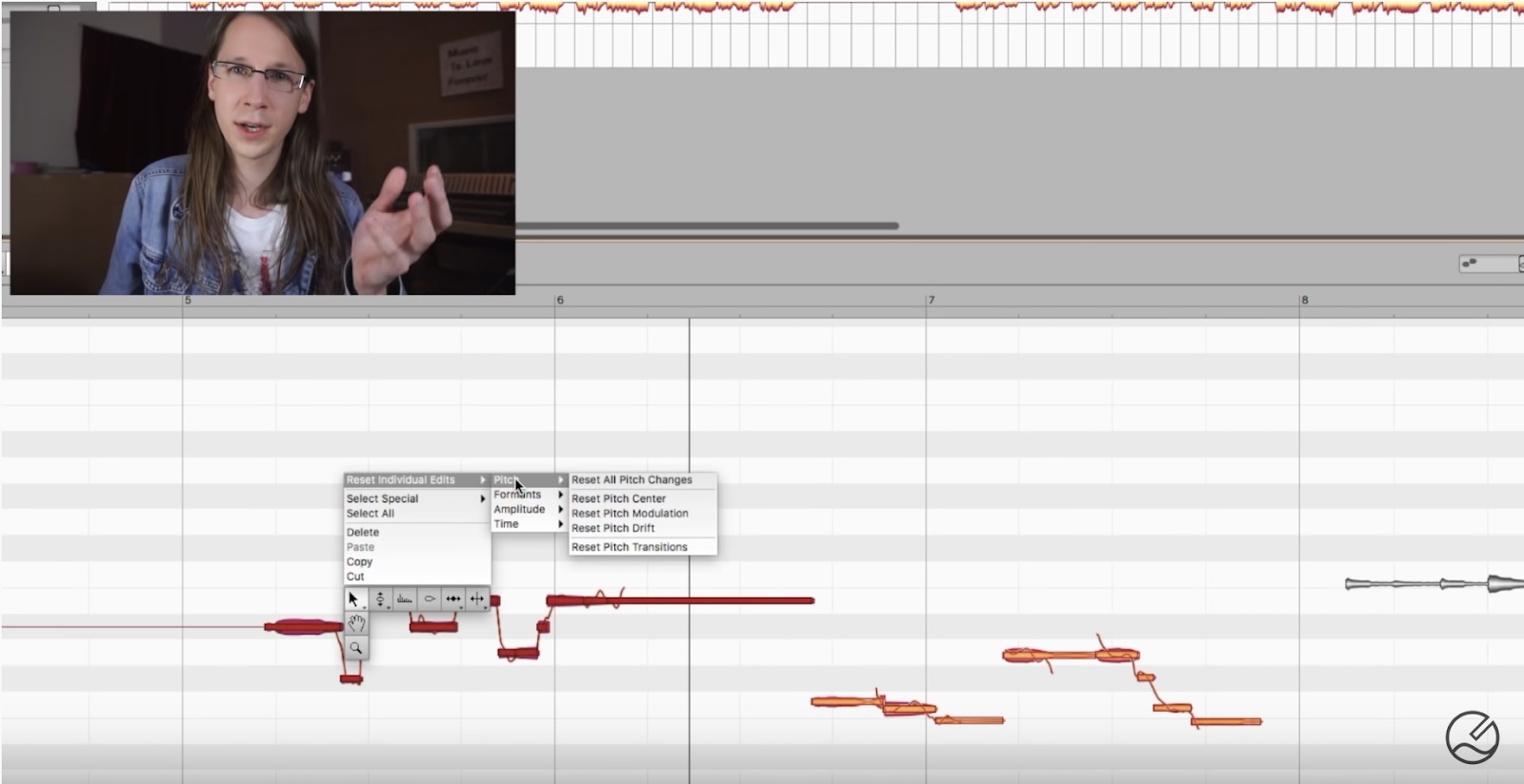 Screenshot of the YouTube tutorial video, “How to Use MELODYNE in a natural way?” Melodyne interface shown with “note blobs” and the editing dropdown menu displayed. Upper-left corner the instructor is displayed, making a hand gesture as though mid-sentence. 