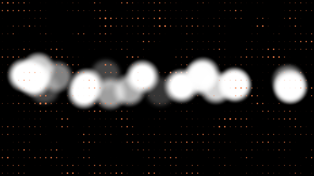 A horizontal line of variously fuzzy white circles against a black backdrop with an incomplete grid of small orange dots.