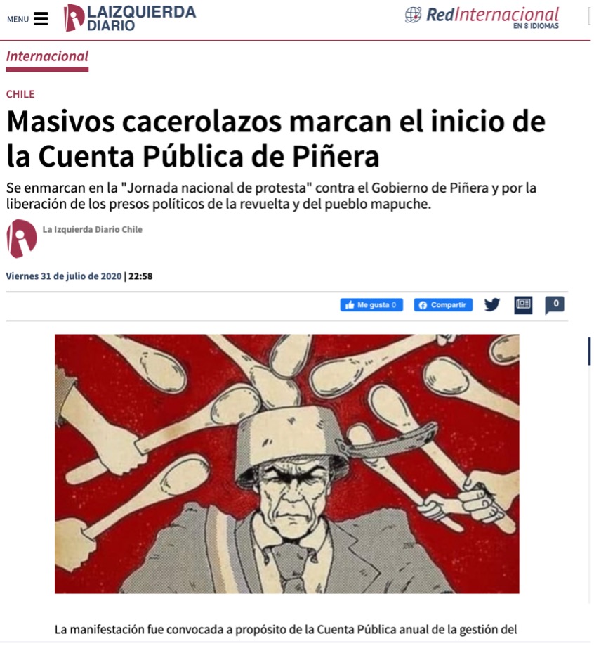 Newspaper article that leads with a cartoon of President Piñera wearing a pot as a hat, surrounded by large wooden spoons.