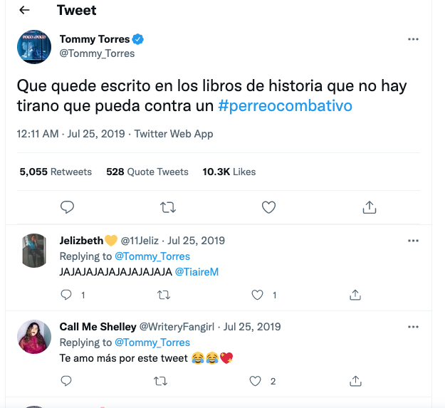 The original Spanish-language tweet from Tommy Torres with 5,055 retweets and 10.3k likes. Two endorsing tweets from fans follow.