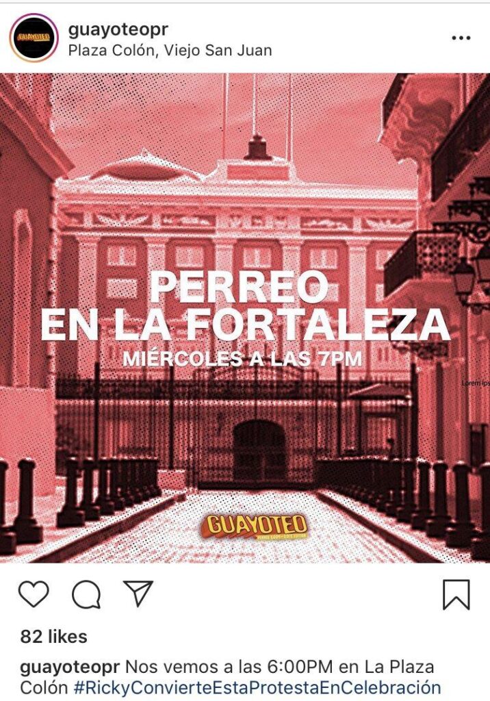 A picture of the Governor's Palace with a pink filter across it and white text announcing the time and place of the perreo.