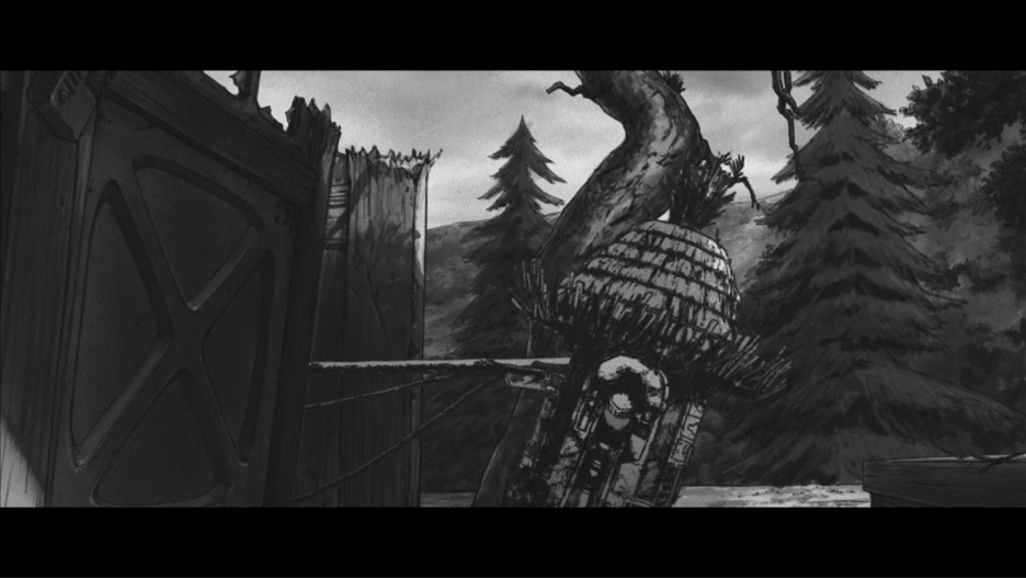 A black-and-white animated scene